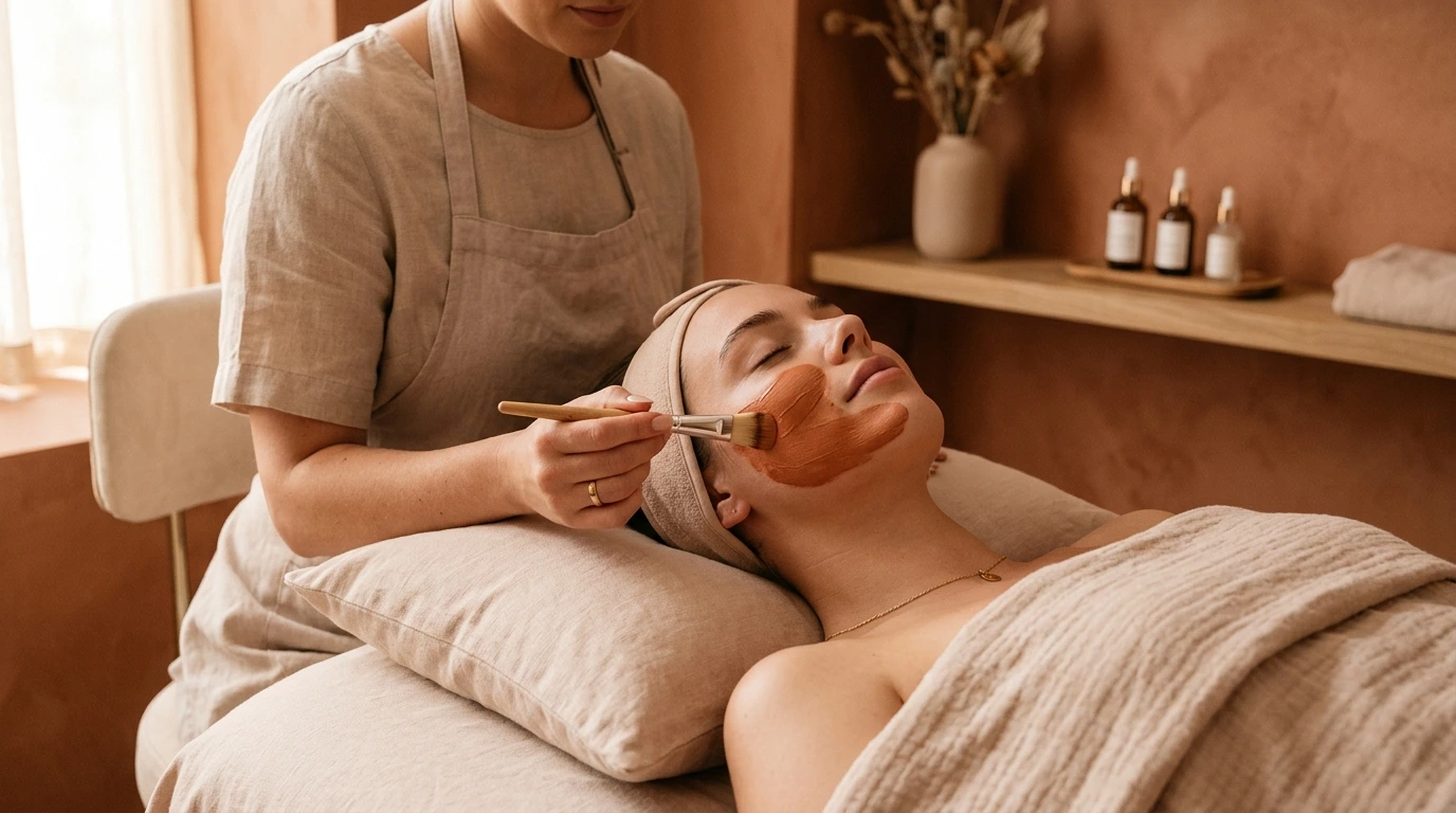 Masque appliqué lors d'un soin du visage professionnel